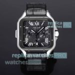 Swiss Copy Cartier Santos De Cartier Leather Strap Black Dial Chronograph Watch 